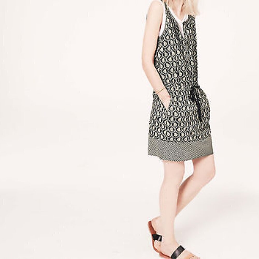Lou & Grey Black and Cream Paisley Print Drawstring Waist Tank Dress